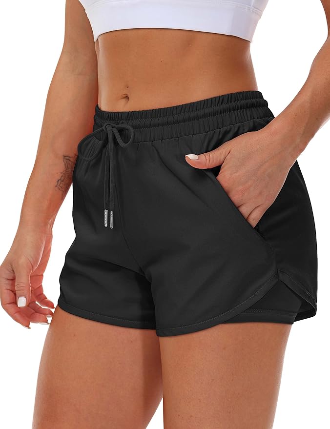 Mancreda Women's Running Shorts with Liner 3 Zipper Pockets Elastic Workout Athletic Gym Yoga Shorts