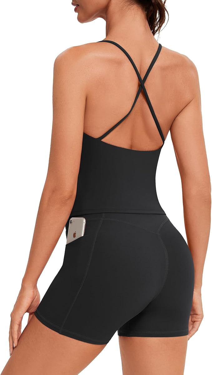 OMKAGI Workout Sets for Women Cute Spaghetti Strap Tank Tops Booty Shorts Outfits with Pockets