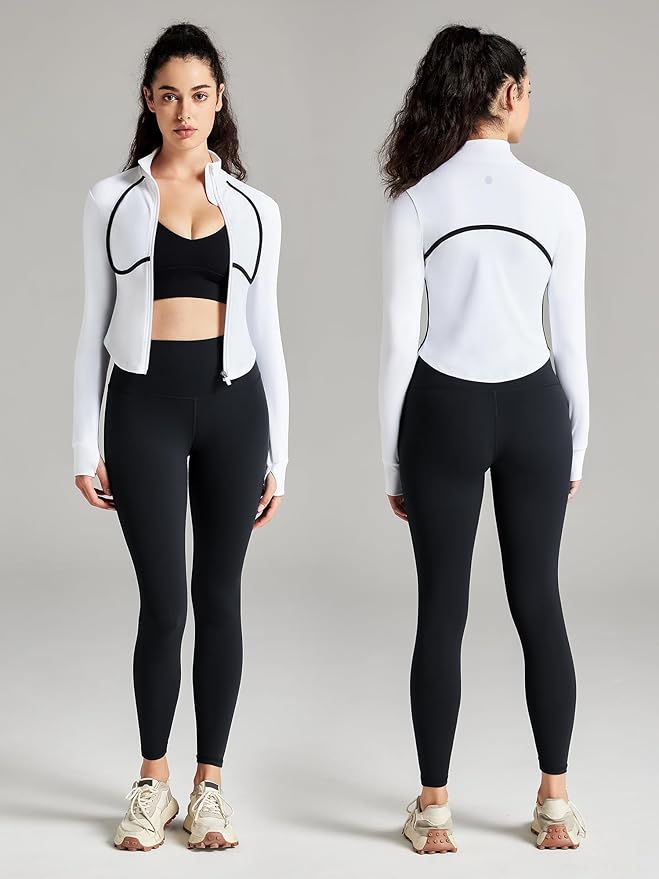 Women Workout Jacket Cropped Contrast Seam Zip Up Athletic Jacket Yoga Sportswear with Thumb Holes