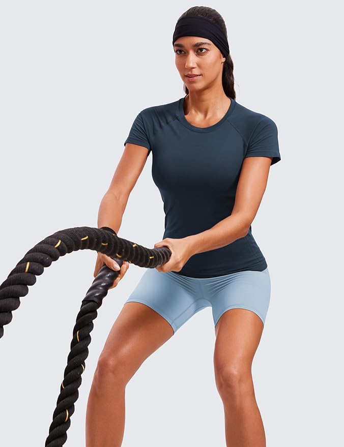 CRZ YOGA Seamless Workout Tops for Women Hip Length - Athletic Running Gym Yoga Short Sleeve Shirts Breathable Crewneck Tees