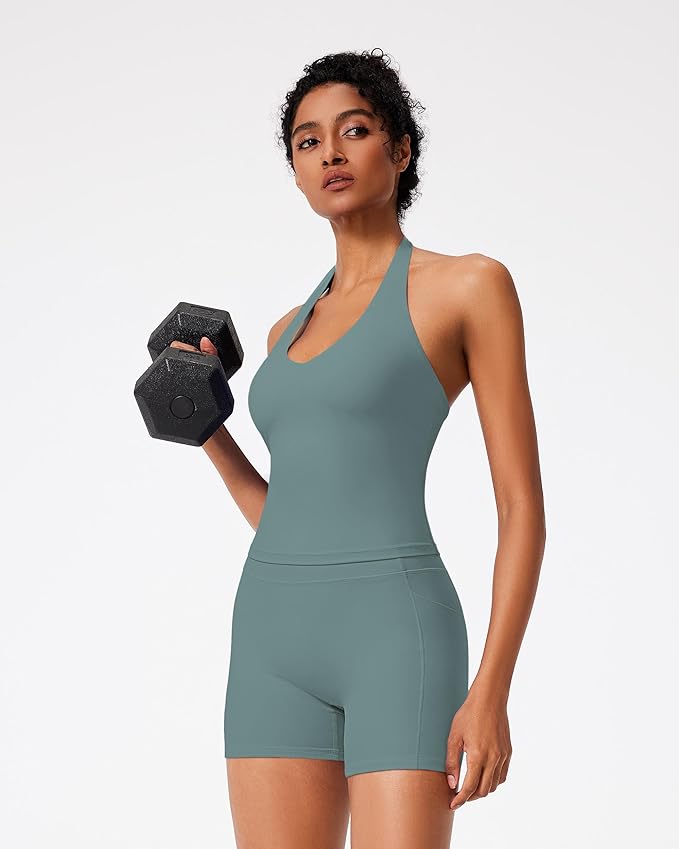 RXRXCOCO Halter Workout Sets for Women 2 Piece V Neck Tank Tops Hidden Scrunch Booty Shorts Gym Outfits with Pockets