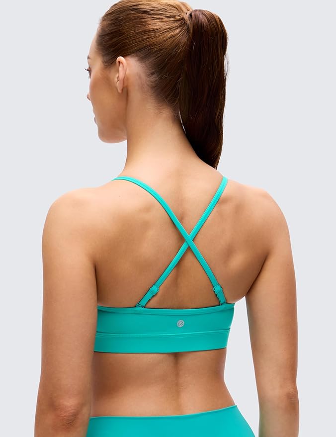 CRZ YOGA Butterluxe V-Neck Sports Bras for Women - Adjustable Thin Straps Padded Yoga Top Basic Wireless Camisole
