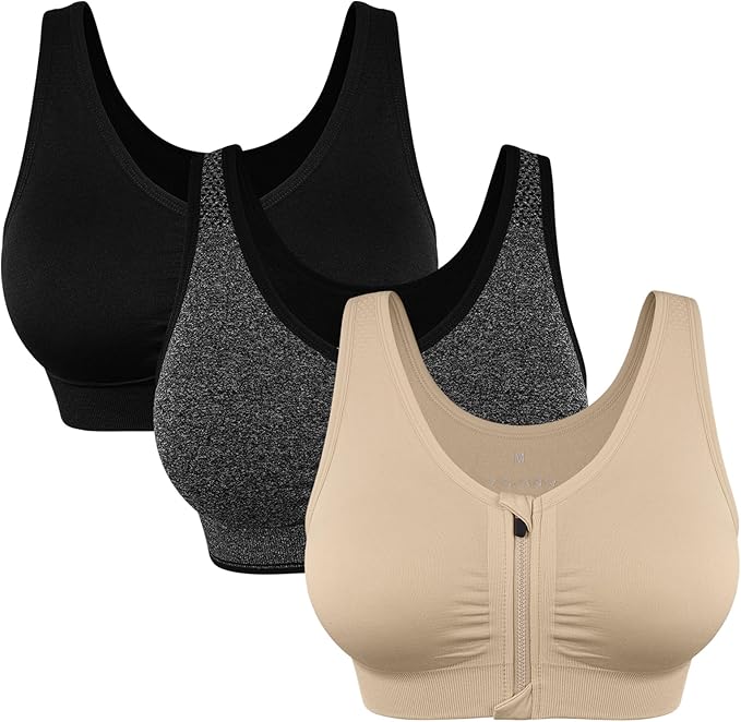 Women's Zip Front Sports Bra Wireless Post-Surgery Bra Active Yoga Sports Bras