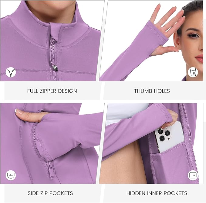 Women's Workout Jackets Full Zip Running Yoga Jackets Lightweight Athletic Clothes with Thumb Holes