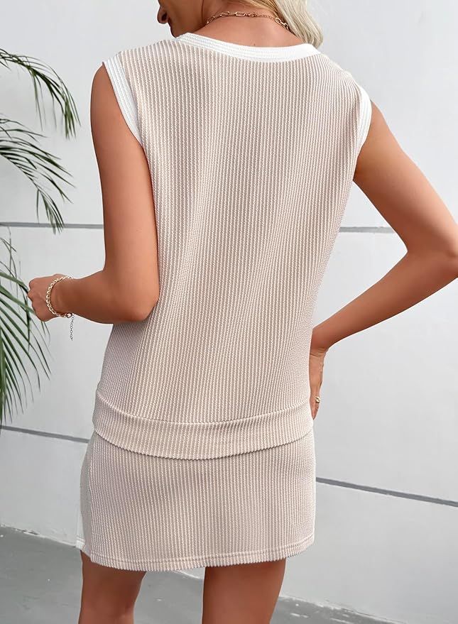 EVALESS 2 Piece Sets for Women Summer Outfits Ribbed Knit Tank Top and Split Lined Skirt Two Pieces Lounge Matching Set