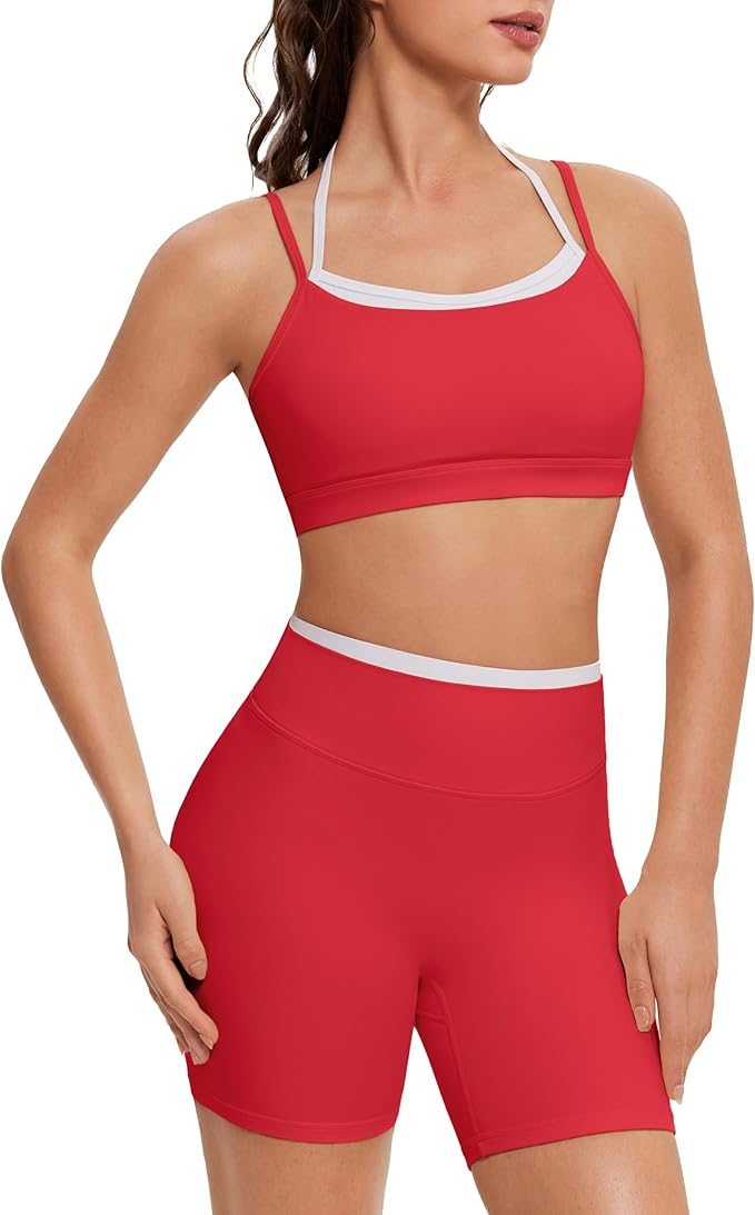 OMKAGI Workout Sets for Women Cute Doubel Layer Open Back Sports Bras Gym Shorts Outfits