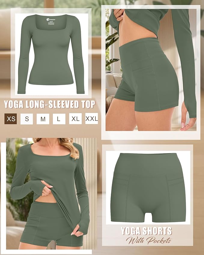 Oakgarden Women's Long Sleeve Yoga Set Square Neck Slim Fit Tops Elastic Soft Thumb Hole Shirt High Waist Shorts with Pockets