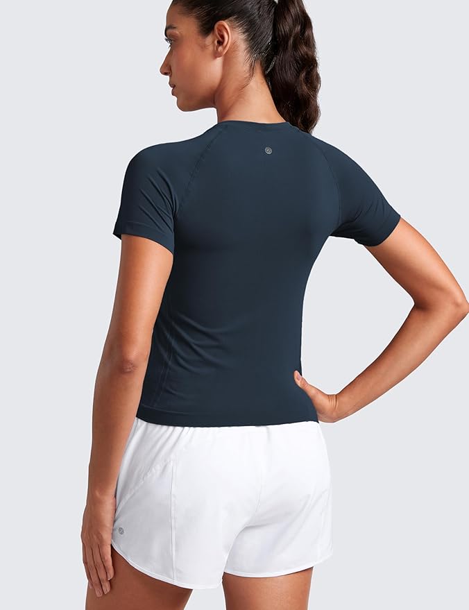 CRZ YOGA Seamless Workout Tops for Women Waist Length - Running Gym Athletic Yoga Short Sleeve Shirts Breathable Crewneck