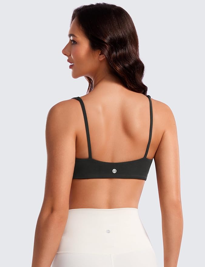 CRZ YOGA Butterluxe Square Neck Spaghetti Strap Sports Bras for Women - Low Coverage Yoga Wireless Padded Cami Crop Top