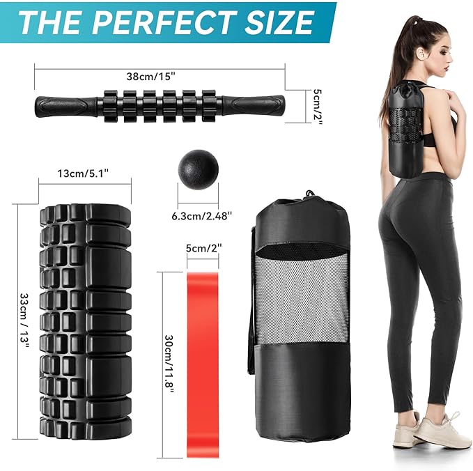Krightlink 5-in-1 Foam Roller Set - Deep Tissue Muscle Recovery Kit with High Density Exercise Roller, Massage Ball, Resistance Band & Carry Bag for Physical Therapy & Pain Relief (Black)