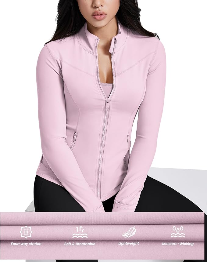 AVGO Womens Running Jackets Lightweight Slim Fit Workout Jacket Zip Up Athletic Track Gym Tops with Pockets & Thumb holes