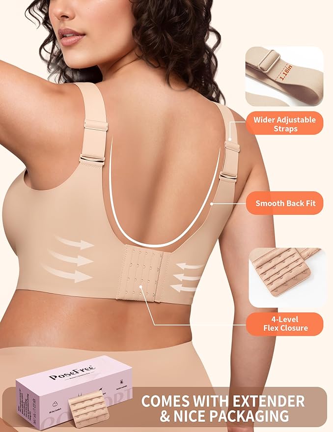 PoseFree Womens Seamless Wireless Supportive Bra Push Up Comfort Soft No Underwire Full Coverage T-Shirt Bra