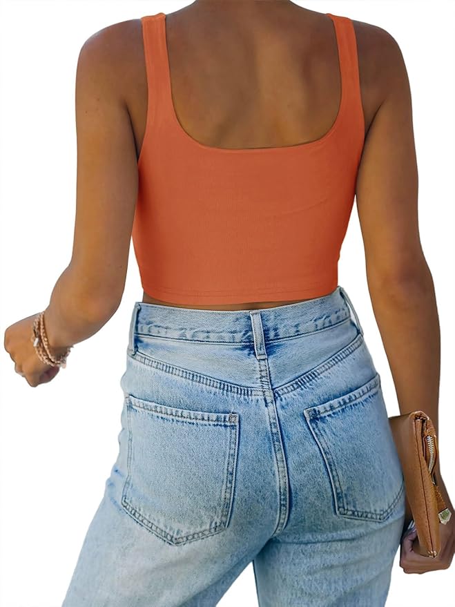 REORIA Women’s Sexy Square Neck Double Lined Seamless Sleeveless Cropped Tank Yoga Crop Basic Tops