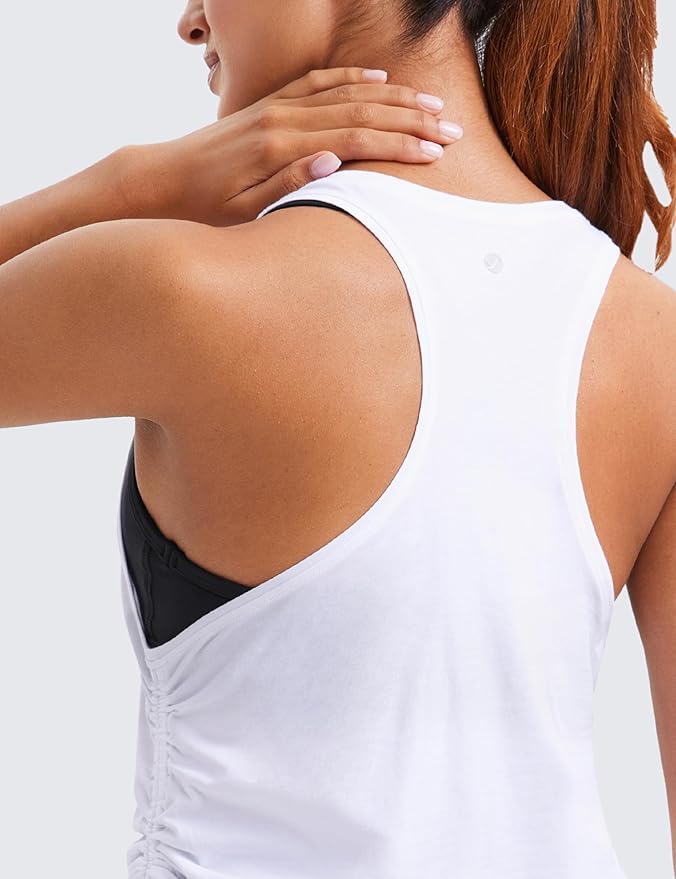 CRZ YOGA Pima Cotton Ruched Side Tank Tops for Women - Workout Athletic Casual Racerback Crewneck Loose Sleeveless Shirts