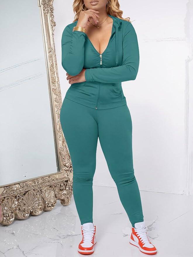 AUXDIO Women 2 Piece Outfits Casual Workout Sets Bodycon Tracksuit Zip Up Long Sleeve Hoodle Jacket Jogger Pants Set
