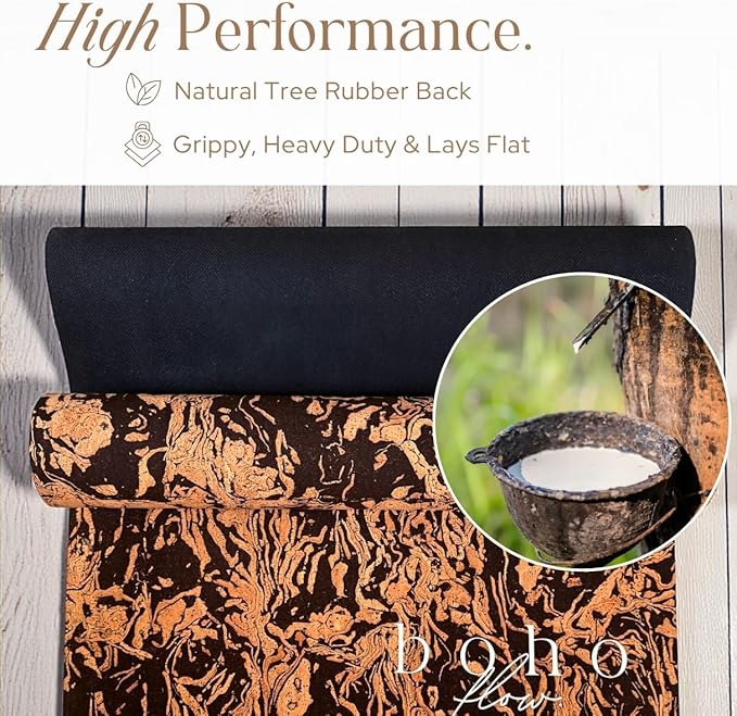 Deluxe Cork Yoga Mat – Gold, Coffee or Vegan Leather Cork Surface & Natural Rubber Base – Premium Natural & Eco Friendly Materials – Includes Signature Handmade Boho Bag