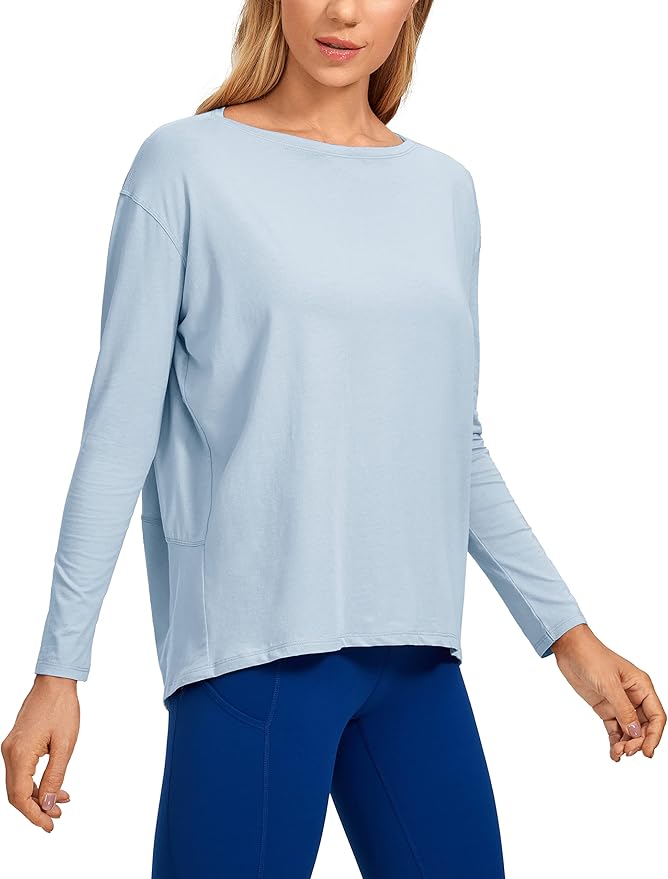 CRZ YOGA Pima Cotton Boat Neck Long Sleeve Shirts for Women - Workout Athletic Yoga Casual Tops Loose Fit Fall T-Shirts