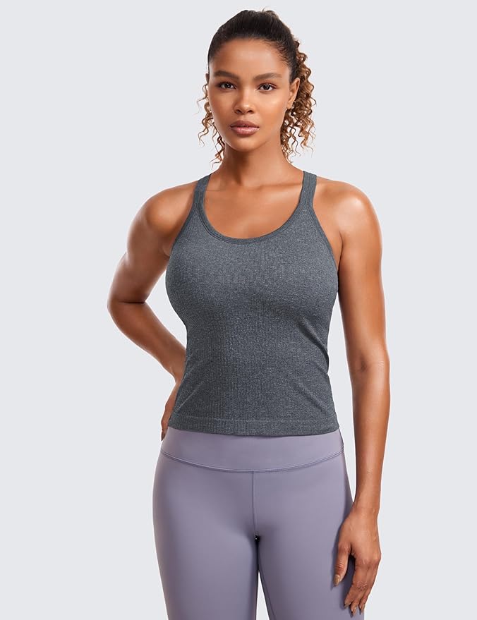 CRZ YOGA Seamless Ribbed Scoop Neck Tank Top for Women - Workout Racerback Padded Athletic Camisole with Built in Bra