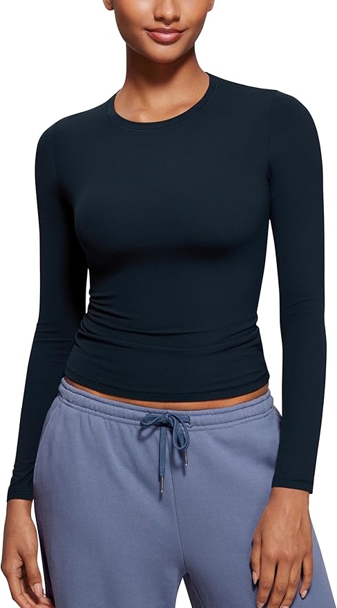 CRZ YOGA Softembrace Crewneck Long Sleeve Shirts for Women - Casual Going Out Tops Soft Basic Fitted Tight Fall T-Shirts