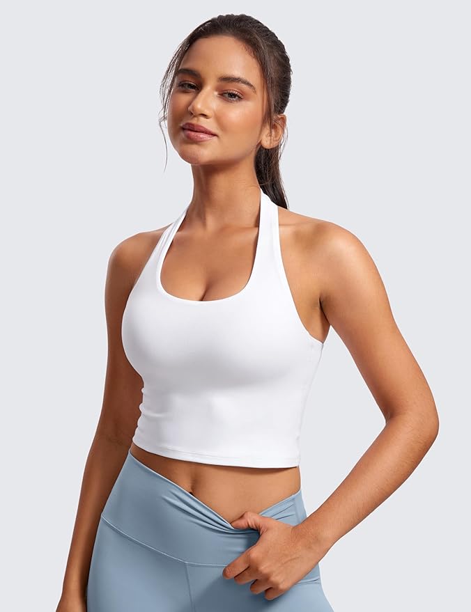 CRZ YOGA Butterluxe Halter Crop Tank Tops for Women - Open Back Padded Longline Sports Bras Workout Gym