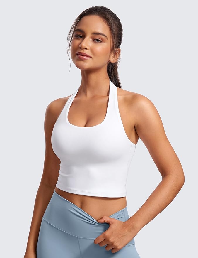 CRZ YOGA Butterluxe Halter Crop Tank Tops for Women - Open Back Padded Longline Sports Bras Workout Gym
