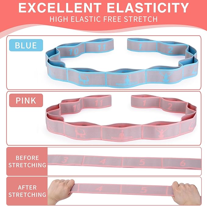 Elastic Yoga Stretching Strap with Loops, CEILIWEN Stretch Straps for Physical Therapy, Pilates Stretch Band, Elastic Exercise Bands, Leg Stretching Strap, Stretch Resistance Bands for Exercise