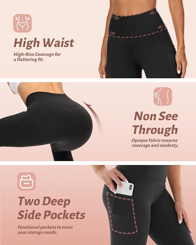 NexiEpoch 4 Pack Leggings for Women - High Waisted Tummy Control Soft Black Capri Yoga Pants with Pockets for Workout