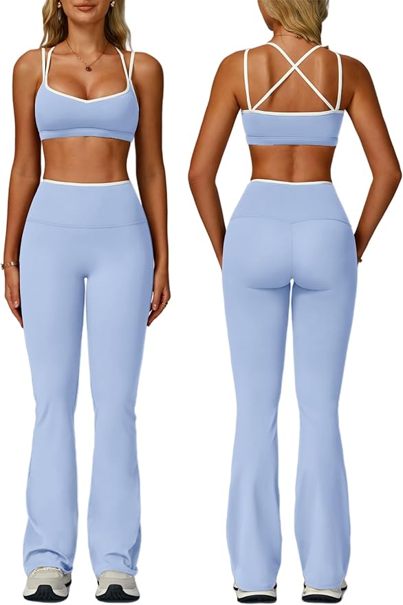 ABOCIW Workout Sets for Women 2 Piece Color Block Strappy Sports Bra High Waist Flare Leggings Gym Yoga Pilates Outfits