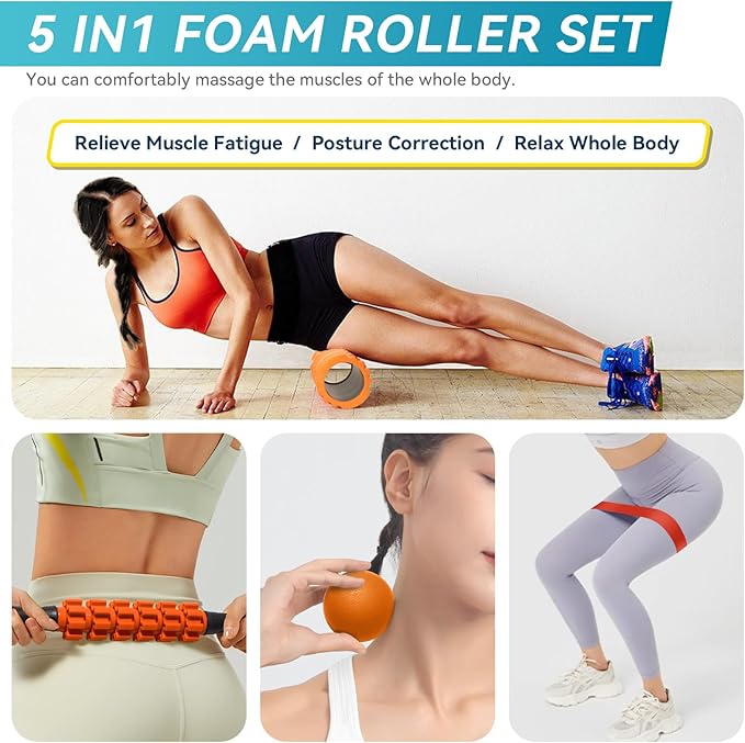 Krightlink 5 in 1 Foam Roller Set for Deep Tissue Muscle Massage, Trigger Point Fitness Exercise Foam Roller, Massage Roller, Massage Ball, Stretching Strap, for Whole Body (Orange Black)