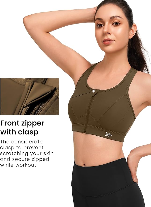 Yvette Zip Front Sports Bra - High Impact Sports Bras for Women Plus Size Workout Fitness Running
