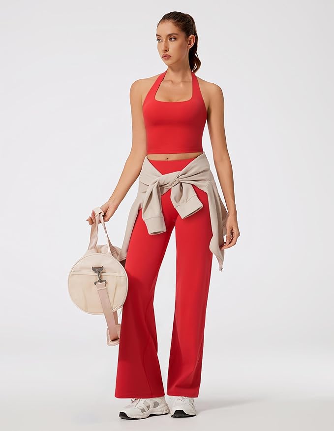 RXRXCOCO Halter Workout Sets for Women 2 Piece Padded Crop Tank Tops Straight Leg Yoga Pants Outfits with Hidden Pocket