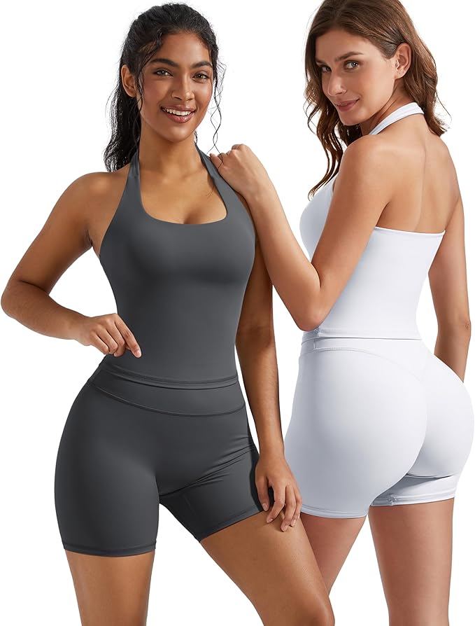 OMKAGI 2 Piece Workout Sets for Women Halter Sports Bra Tank Gym Biker Shorts Outfits