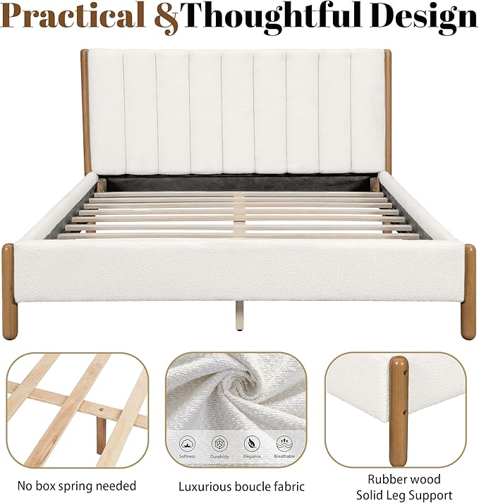 Queen Size Bed Frame with Boucle Upholstered Headboard, Solid Rubberwood Legs & Vertical Striped Design, Sturdy Wood Slat Support Boucle Bed Frame, No Box Spring Needed, White