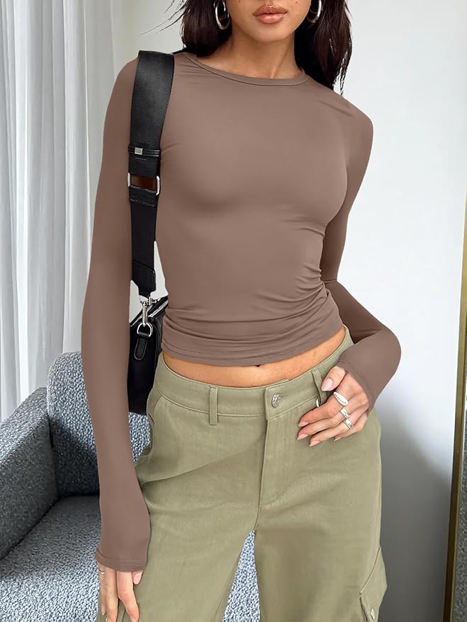 Trendy Queen Womens Long Sleeve T Shirts Fall Fashion 2026 Basic Crop Tops Going Out Outfits Y2k Clothes