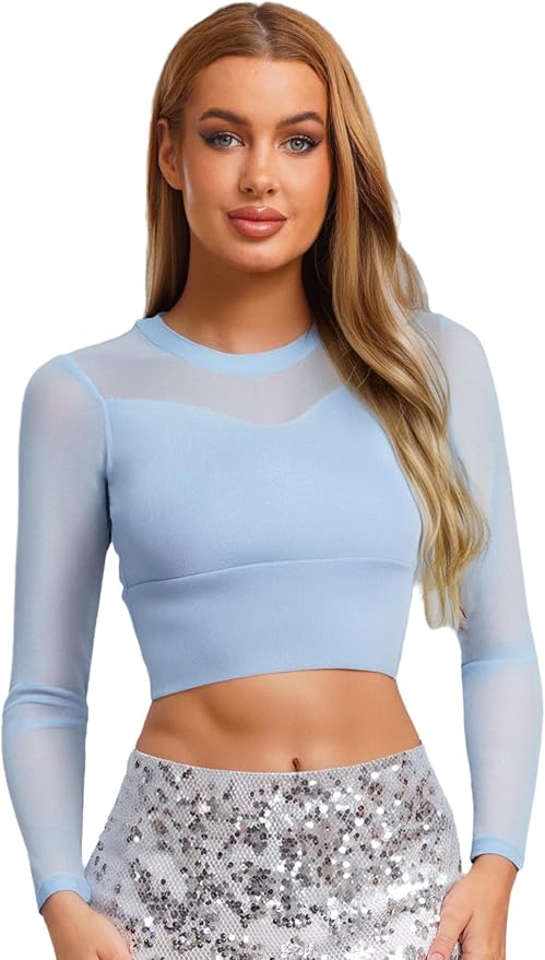 Womens Sheer Patchwork Yoga Shirt Long Sleeve Crew Neck Crop Top for Pilates Dance Workout
