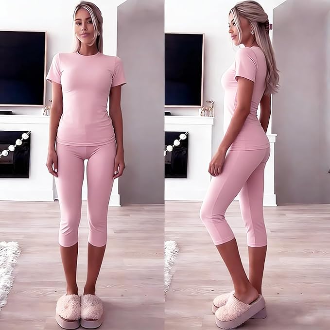 YETOWA Womens 2 Piece Workout Sets High Waisted Tummy Control Crop Top Capri Leggings Stretchy Soft Activewear