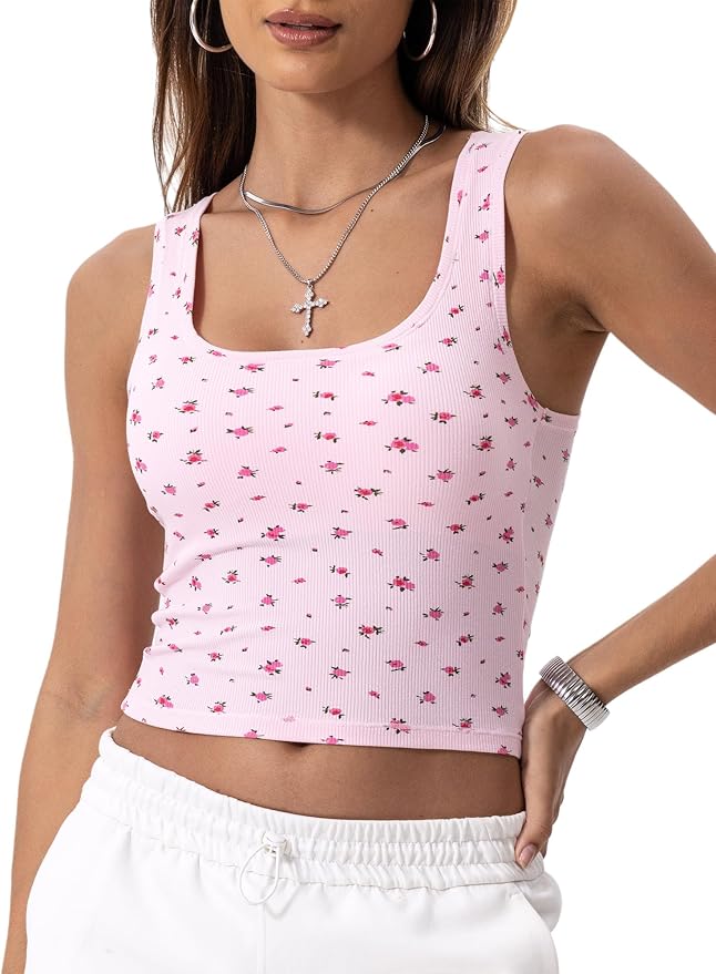 Danysu Women Rib Tank Top Padded Workout Top Square Neck Crop Tank Fitted Basic Cami Tops