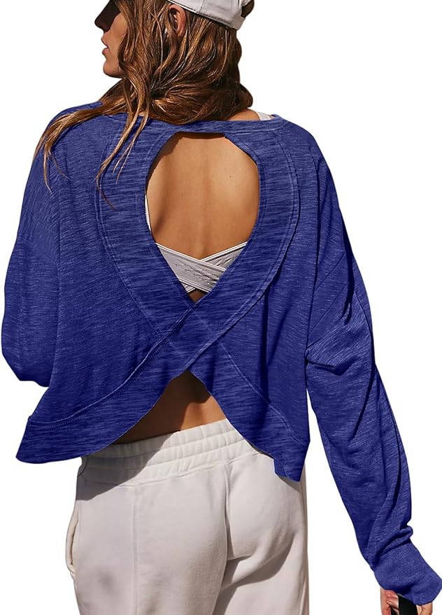 LASLULU Womens Open Back Long Sleeve Workout Tops Athletic Shirts Boat Neck Casual Running Tee Y2k Yoga Gym Tops