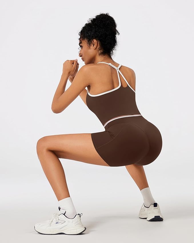 RXRXCOCO Color Block Workout Sets for Women 2 Piece Padded Strappy Tank Tops Hidden Scrunch Booty Shorts with Pockets