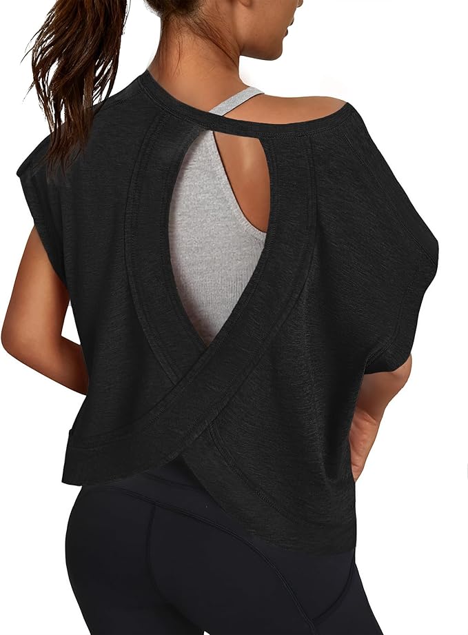 Women Open Back Workout Shirts Short Sleeve Tops Casual Yoga Y2k Athletic Gym Running Crop Tees