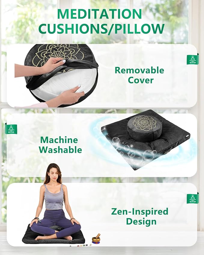 Hihealer Meditation Cushion Set Large Velvet Floor Pillow & Traditional Tibetan Yoga Bolster for Adults Zafu Meditation Mat with Buckwheat Filling (Black)
