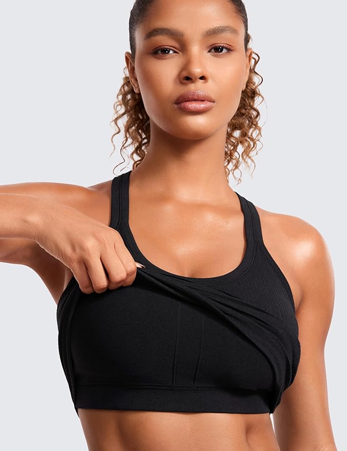 CRZ YOGA Seamless Ribbed Scoop Neck Tank Top for Women - Workout Racerback Padded Athletic Camisole with Built in Bra