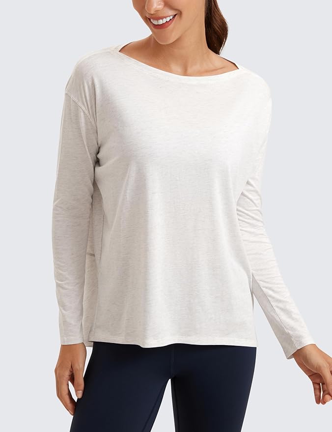 CRZ YOGA Pima Cotton Boat Neck Long Sleeve Shirts for Women - Workout Athletic Yoga Casual Tops Loose Fit Fall T-Shirts