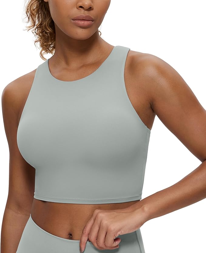 CRZ YOGA Butterluxe High Neck Crop Tank Tops for Women - Racerback Padded Longline Sports Bras Workout