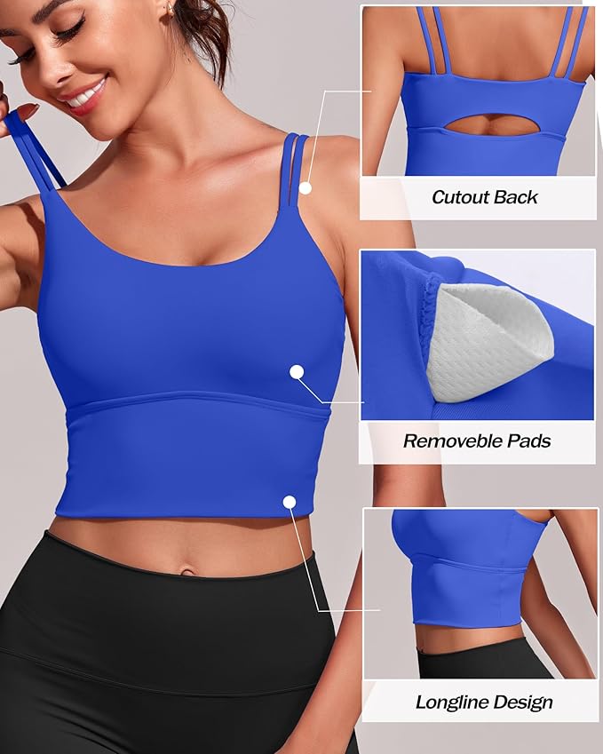 Everrysea Sports Bras for Women High Support Longline Workout Tank Tops Built in Bra Strappy Yoga Padded Crop Top