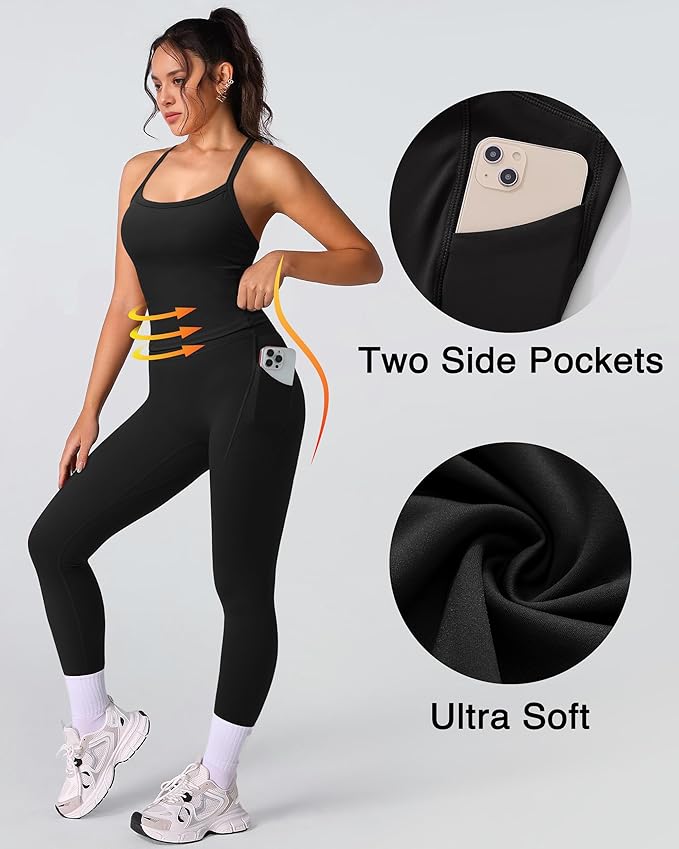 RXRXCOCO Cross Back Workout Sets for Women 2 Piece Padded Tank Tops Hidden Scrunch Leggings Gym Outfits with Pockets