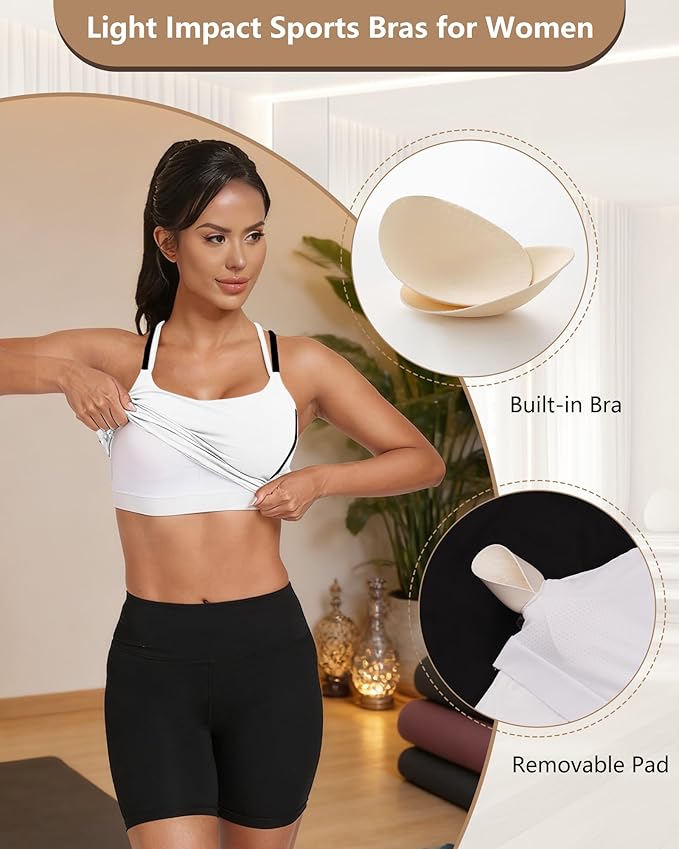 QUOJIZY Longline Sports Bras for Women Spaghetti Straps Tank Top with Built-in Bra Strappy Sports Bra for Yoga