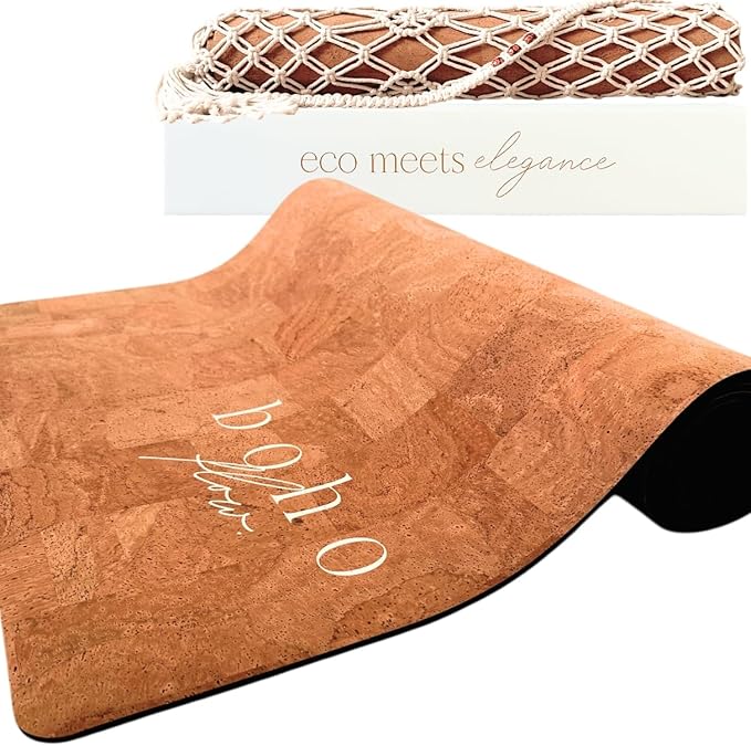 Deluxe Cork Yoga Mat – Gold, Coffee or Vegan Leather Cork Surface & Natural Rubber Base – Premium Natural & Eco Friendly Materials – Includes Signature Handmade Boho Bag