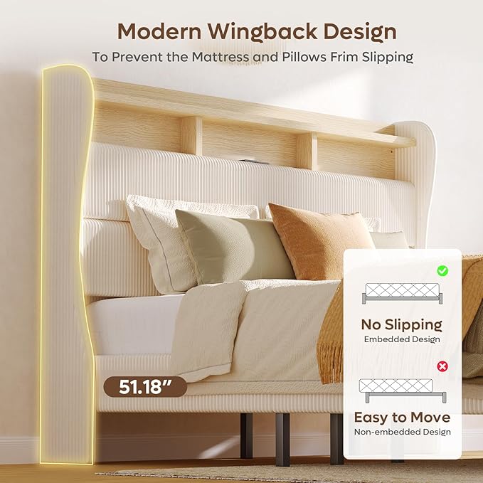 Bestier King Size Upholstered Wingback Bed Frame with 51” High Headboard Corduroy Fabric RGB LED Lights, Charging Station Dual Storage Shelves Modern Off White Platform Bed No Box Spring Needed | King Bed Frame