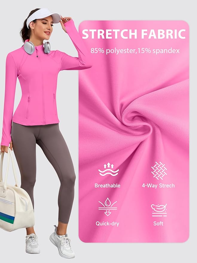 VUTRU Women Athletic Jacket Fitted Workout Running Zip Up Track Coat Layer with Thumb Holes Pockets for Yoga Gym Travel